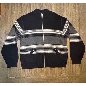 Fashion Bug Womens Medium 100% Merino Wool Full Zip Striped Mock Neck Sweater